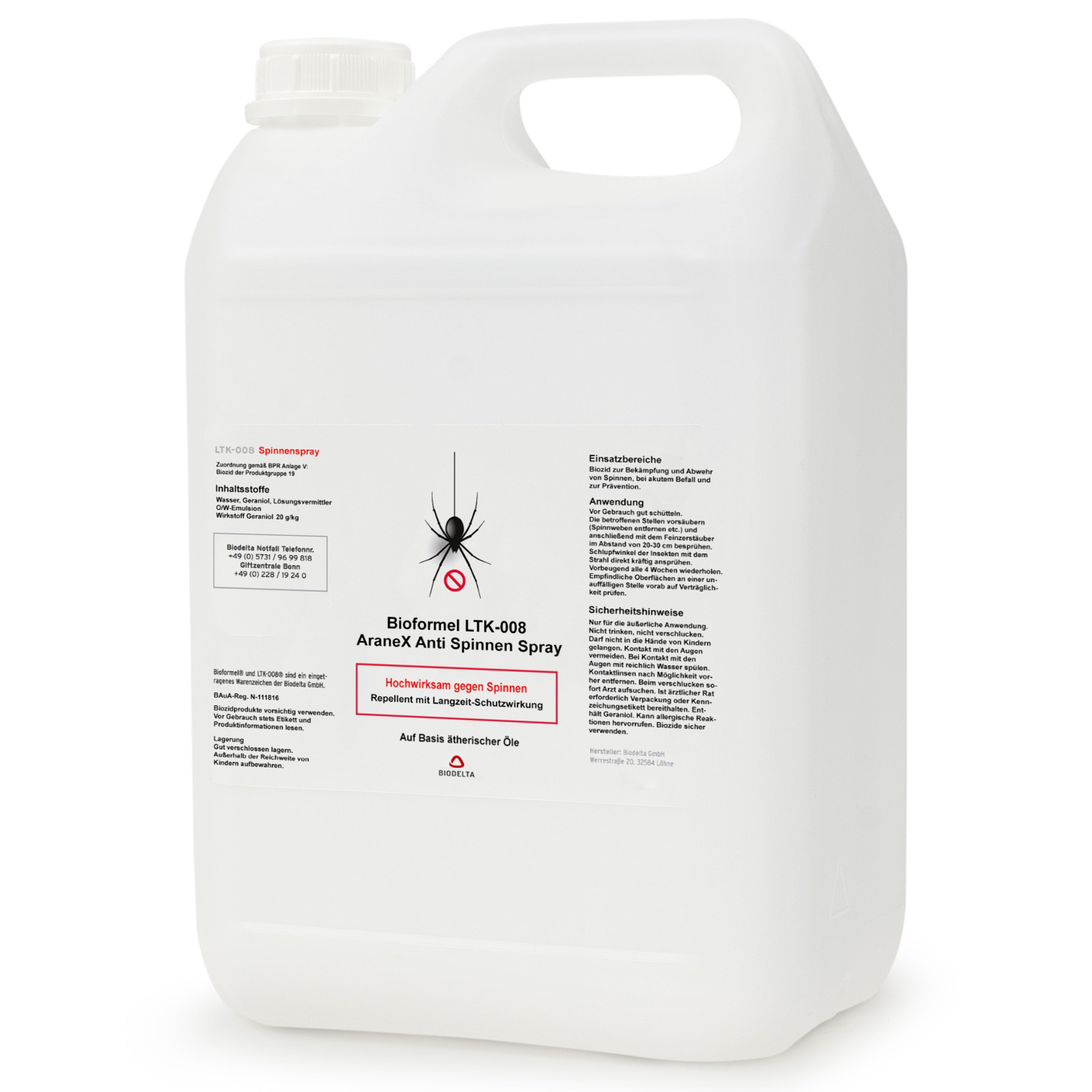 Weißer Kanister mit Griff. Aufschrift: Bioformel LTK-008 AraneX Anti Spinnen Spray. Etikett mit Informationen und einem Spinnen-Symbol.