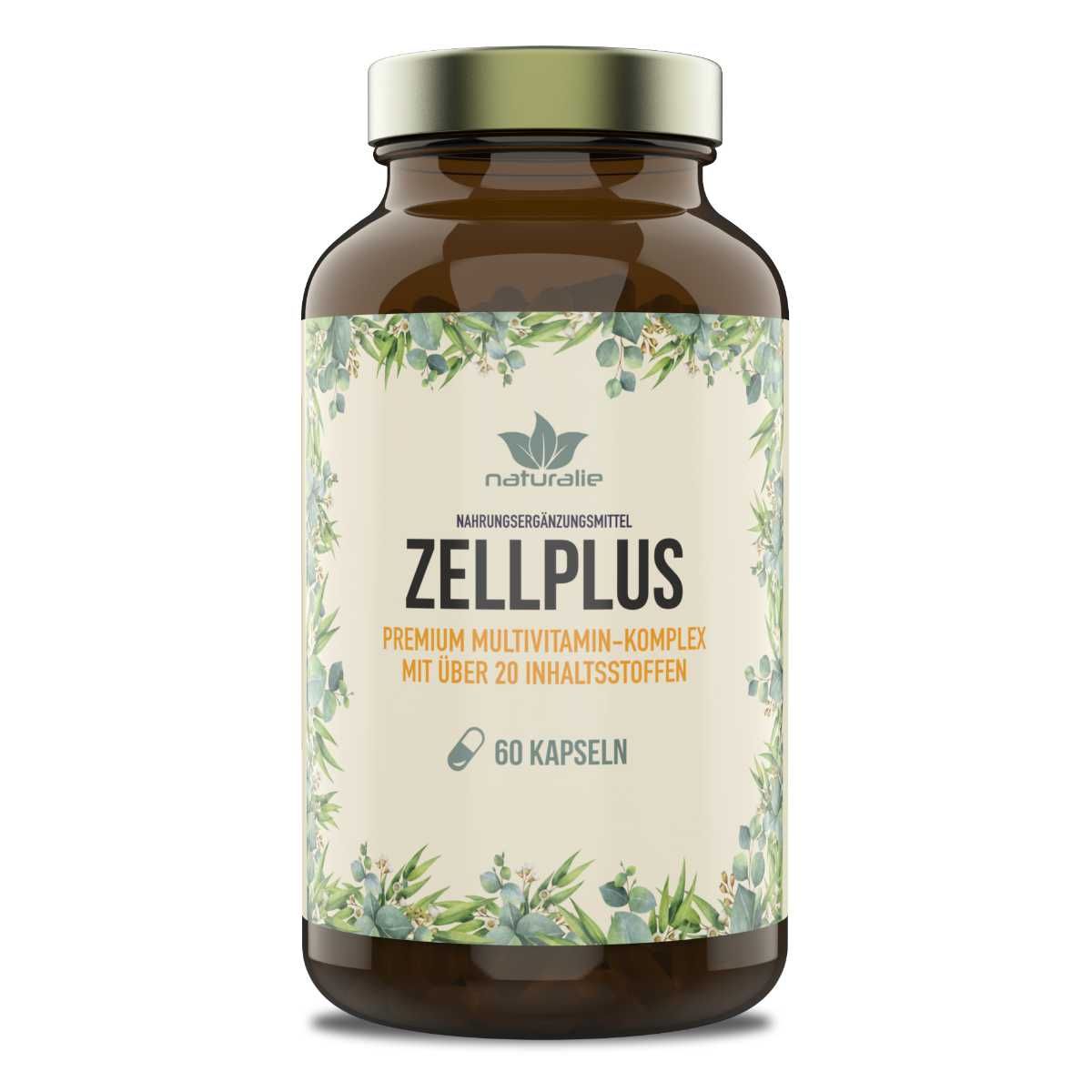 Braune Glasflasche mit Zellplus Multivitamin-Kapseln, umgeben von Eukalyptusblättern. Enthält 60 Kapseln.
