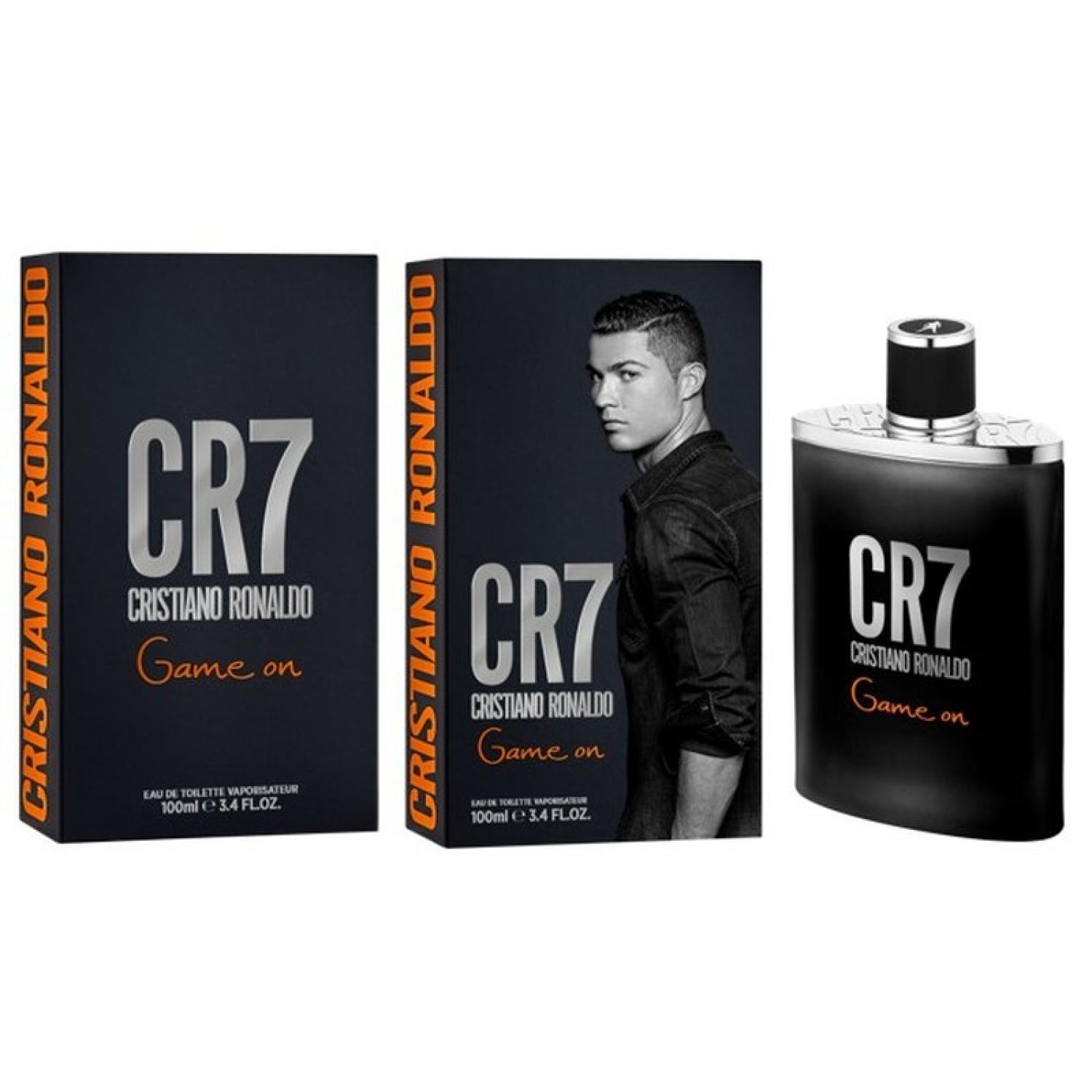 Drei Produkte: zwei schwarze Kartons und eine schwarze Flasche. Auf den Kartons steht CR7 Cristiano Ronaldo Game On. Die Flasche hat einen schwarzen Deckel.