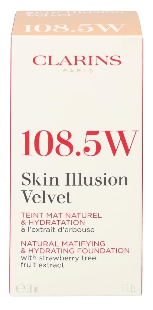 Verpackung mit Aufschrift: Clarins, 108.5W, Skin Illusion Velvet, Teint Mat Naturel & Hydratation, mit Erdbeerbaumextrakt.