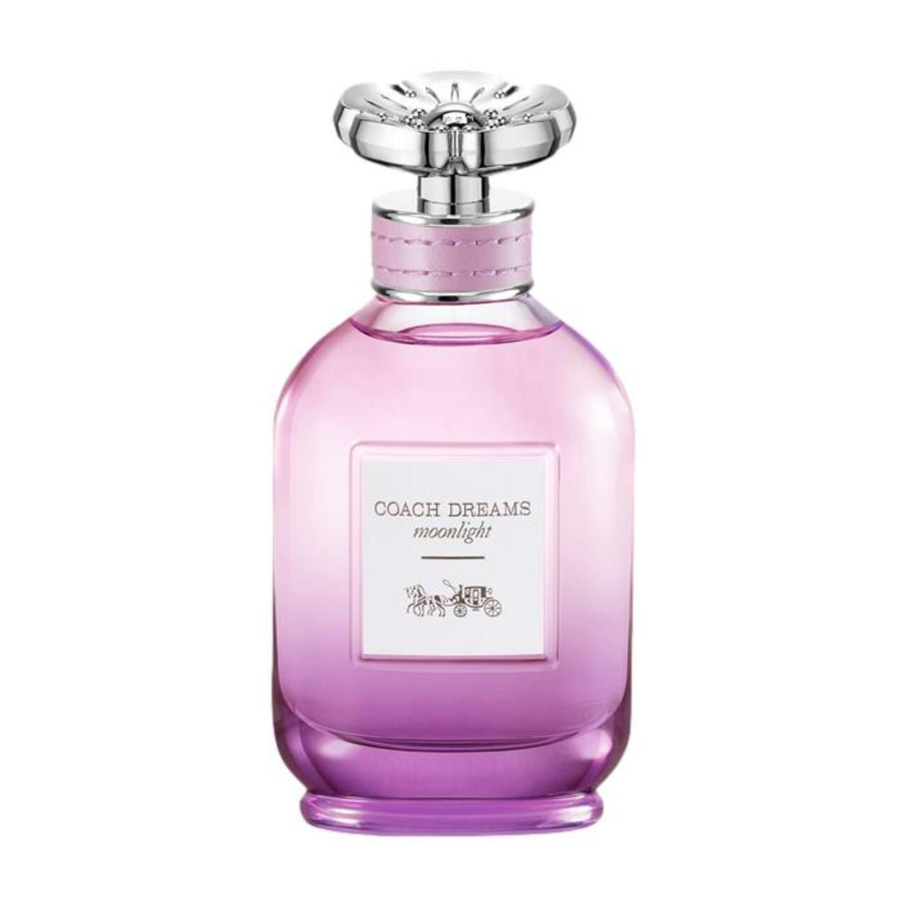Parfümflasche, rosa-violett, silberner Deckel. Aufdruck: Coach Dreams Moonlight. Eherunde Form.