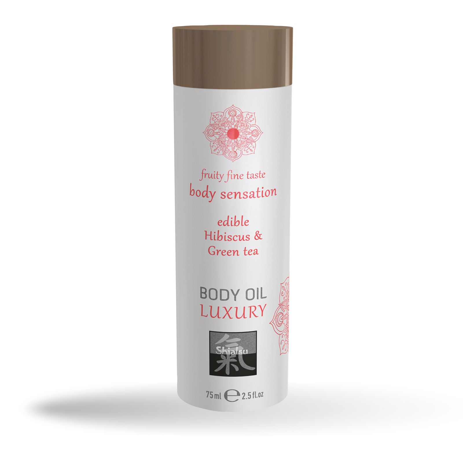 Zylindrische Flasche mit braunem Deckel. Aufschrift: Body Oil Luxury, Shiatsu, Hibiskus & Grüner Tee. Floral-Design. 75ml.