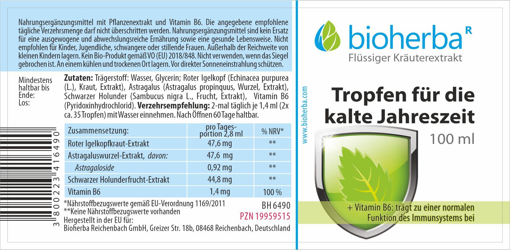 Etikett mit Produktinformationen. Text: Bioherba Tropfen für die kalte Jahreszeit, 100 ml. Inhaltsstoffe und Nährwertangaben.