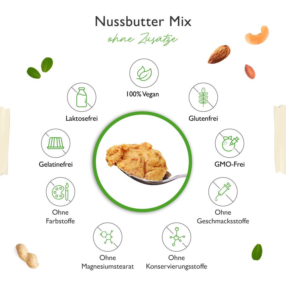 Erdnussbutter-Mix mit Zutaten-Symbolen: Laktosefrei, vegan, glutenfrei, ohne Farbstoffe, ohne Geschmacksstoffe, ohne Konservierungsstoffe.