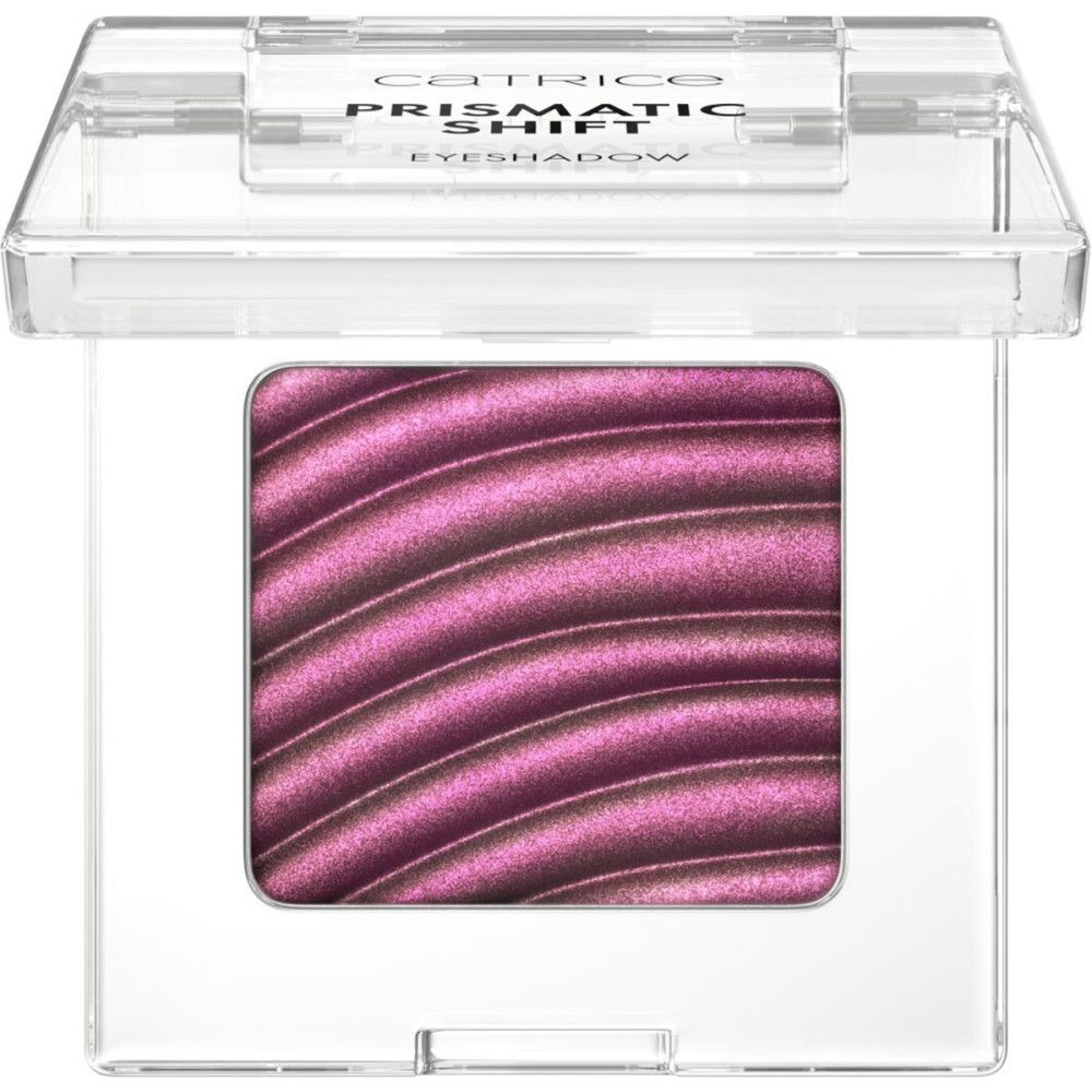 Lidschatten in quadratischer, transparenter Verpackung. Der Lidschatten ist rosa mit wellenförmiger Textur. Auf der Verpackung steht "CATRICE PRISMATIC SHIFT EYESHADOW".