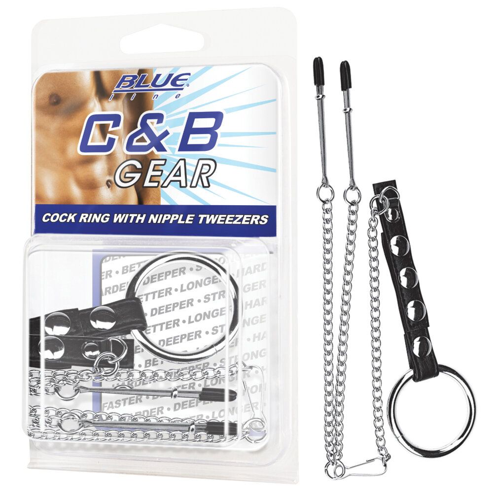 Verpackung mit Nippelklemmen, Ketten und einem Penisring aus schwarzem Leder.