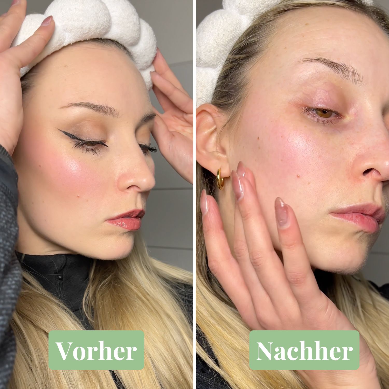 Vorher-Nachher-Vergleich. Links: Gesicht mit Make-up. Rechts: Gesicht ohne Make-up. Text: Vorher, Nachher.
