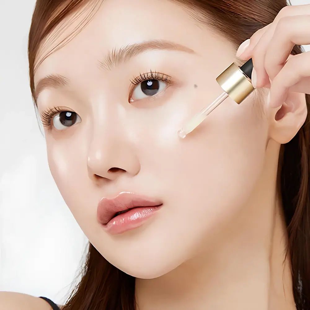 Frau mit Pipette, die Serum auf das Gesicht aufträgt. Haut glänzt. Produkt nicht sichtbar.