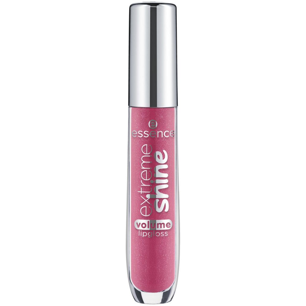 Essence Extreme Shine Volumen Lipgloss, rosa. Transparente Tube mit silbernem Deckel. Produktname und Marke sichtbar.