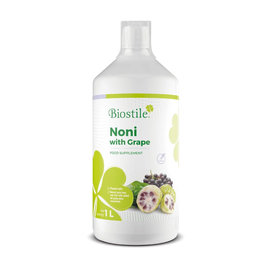 Biostile Noni mit Traube. Flasche mit 1L Inhalt. Produktabbildung mit Noni-Frucht und Trauben.