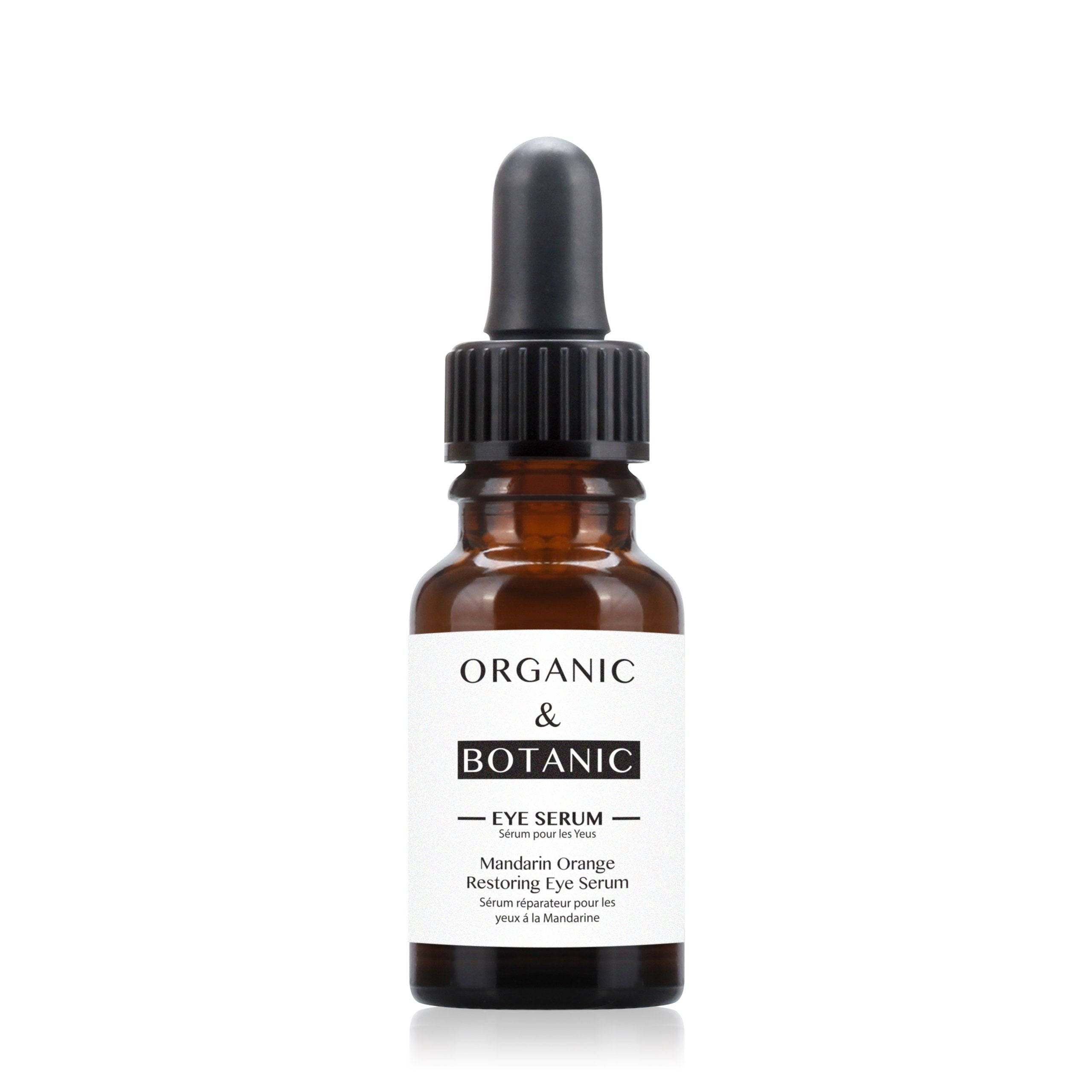 Braune Glasflasche mit schwarzer Pipette. Etikett mit Text: "Organic & Botanic Eye Serum".