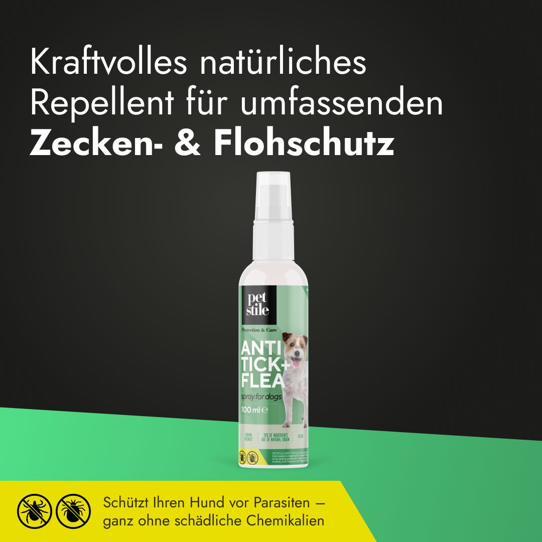 Produktflasche vor grünem Hintergrund. Text: Kraftvolles natürliches Repellent für umfassenden Zecken- & Flohschutz. Logo und Produktname.