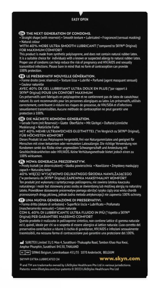 Schwarze Rückseite der Verpackung. Text: Die nächste Generation von Kondomen. 40% mehr Gleitmittel. Glatte Oberfläche. Informationen.