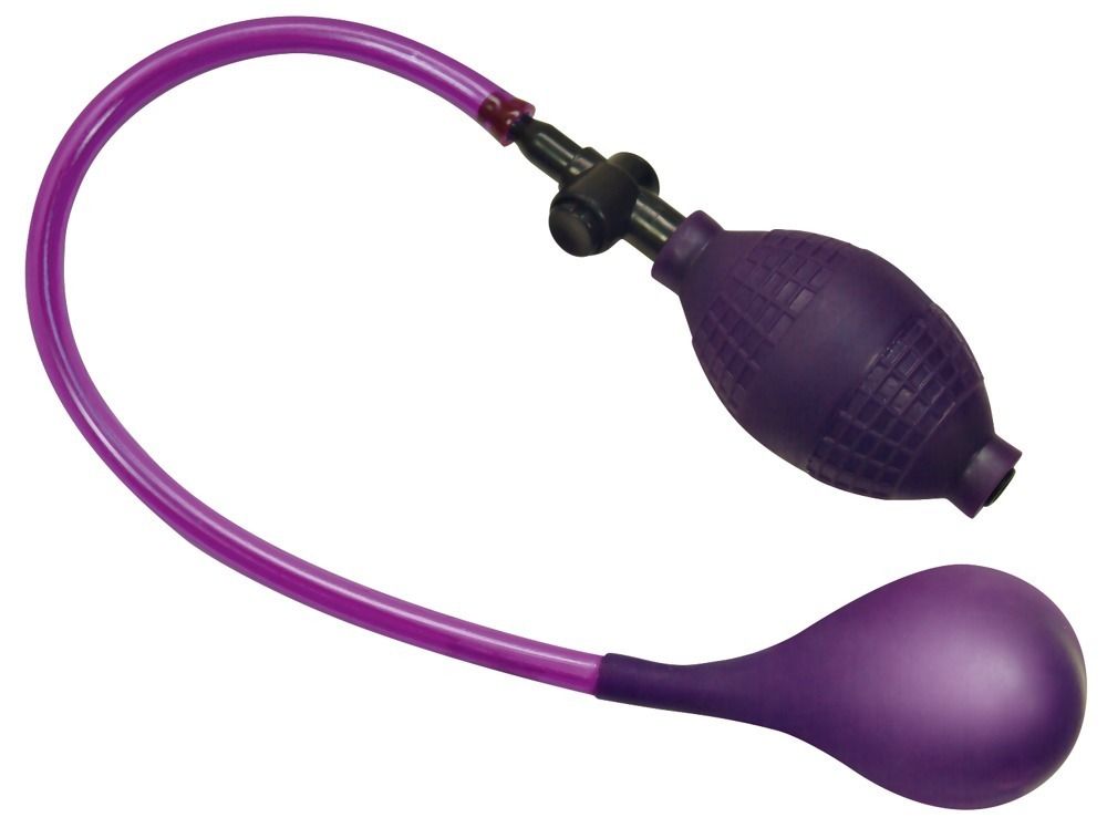 Violett Analplug mit Handpumpe. Besteht aus einem aufblasbaren Teil, einem Schlauch und einer Pumpe.