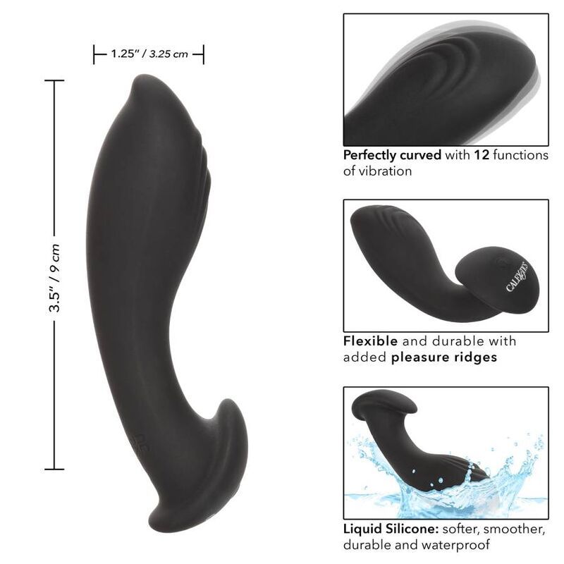 Schwarzes Analspielzeug mit Maßangaben. 9 cm lang, 3,25 cm breit. Text: Liquid Silicone, 12 Funktionen.