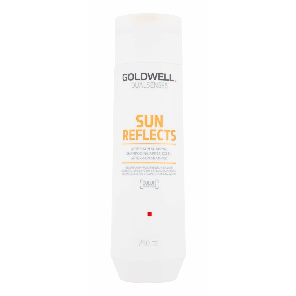 Weiße Flasche mit Goldwell Dualsenses Sun Reflects Shampoo. Text: Sun Reflects, After-Sun Shampoo. 250 ml.