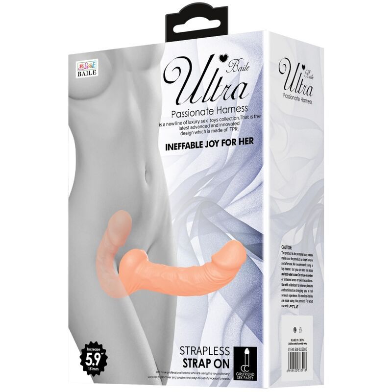 Verpackung für einen Gurt-Dildo. Aufdruck: Ultra Passionate Harness, Baile.