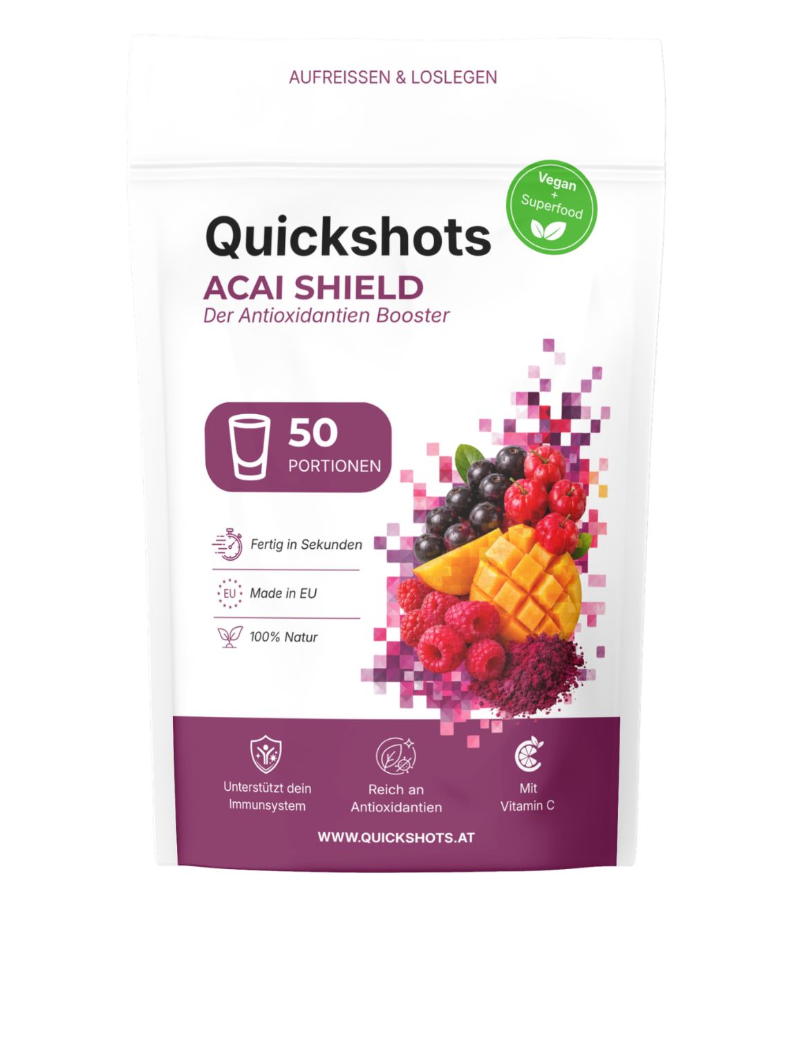 Quickshots Acai Shield Beutel mit 50 Portionen, veganes Superfood-Pulver mit Antioxidantien.