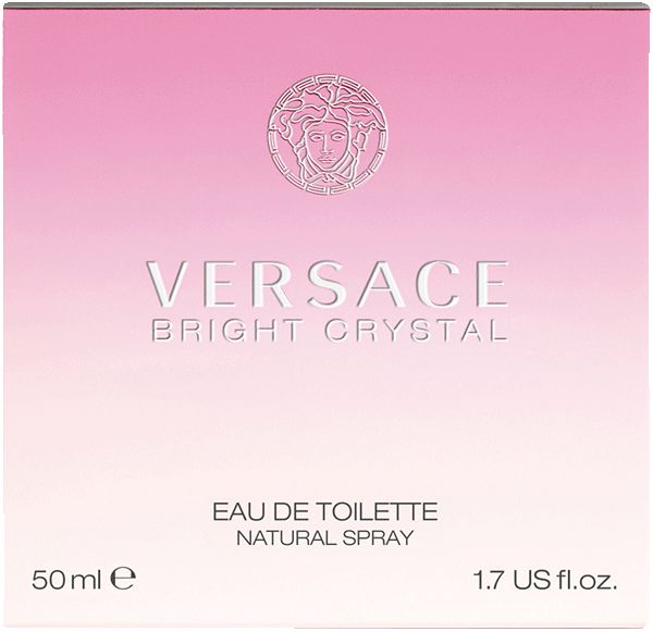 Rosa Verpackung von Versace Bright Crystal Eau de Toilette Spray. Text: Versace, Bright Crystal, Eau de Toilette, Natural Spray.