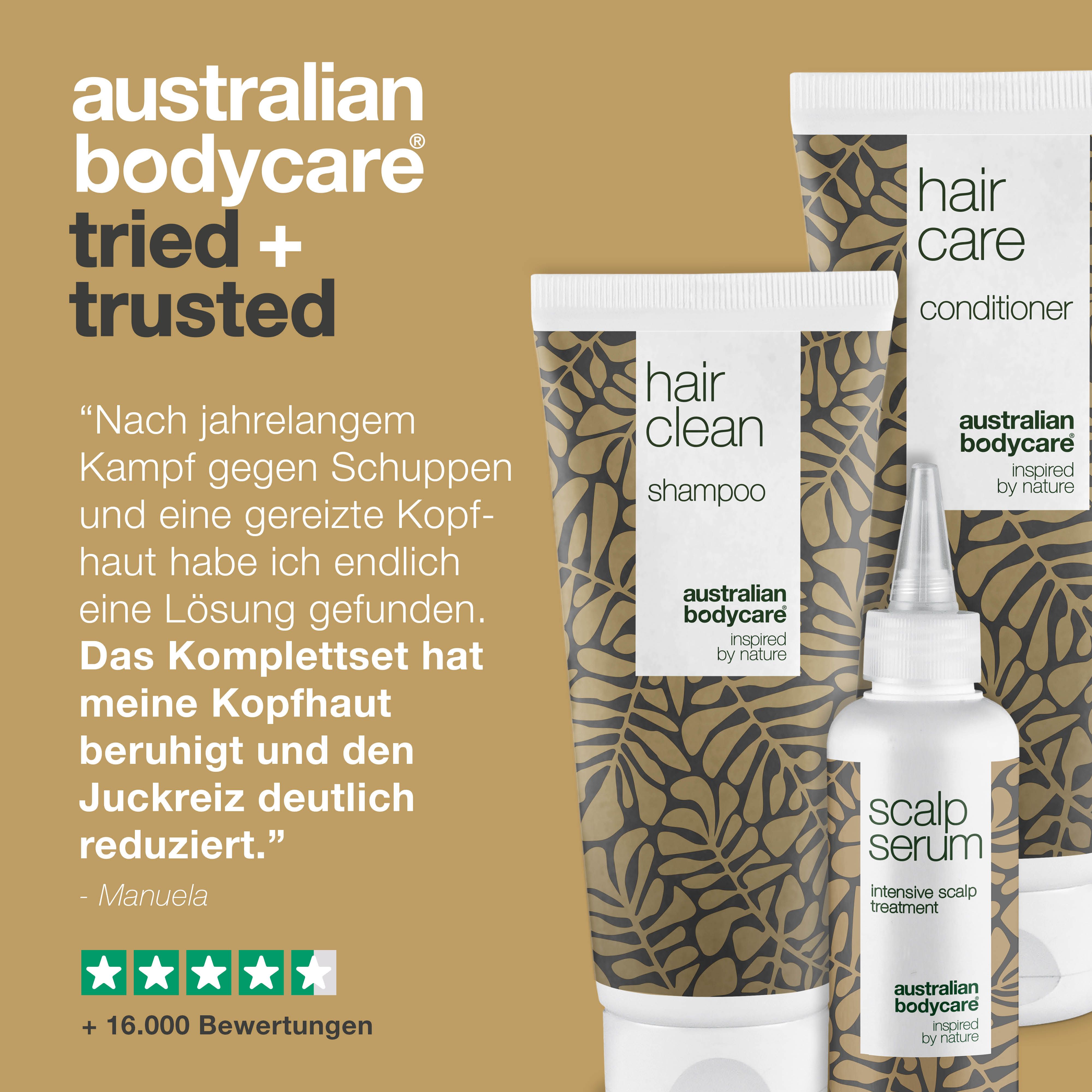 Australian Bodycare: Getestet und vertraut. Shampoo, Conditioner und Serum. Weiße Flaschen mit braunem Blattmuster. Australian Bodycare.