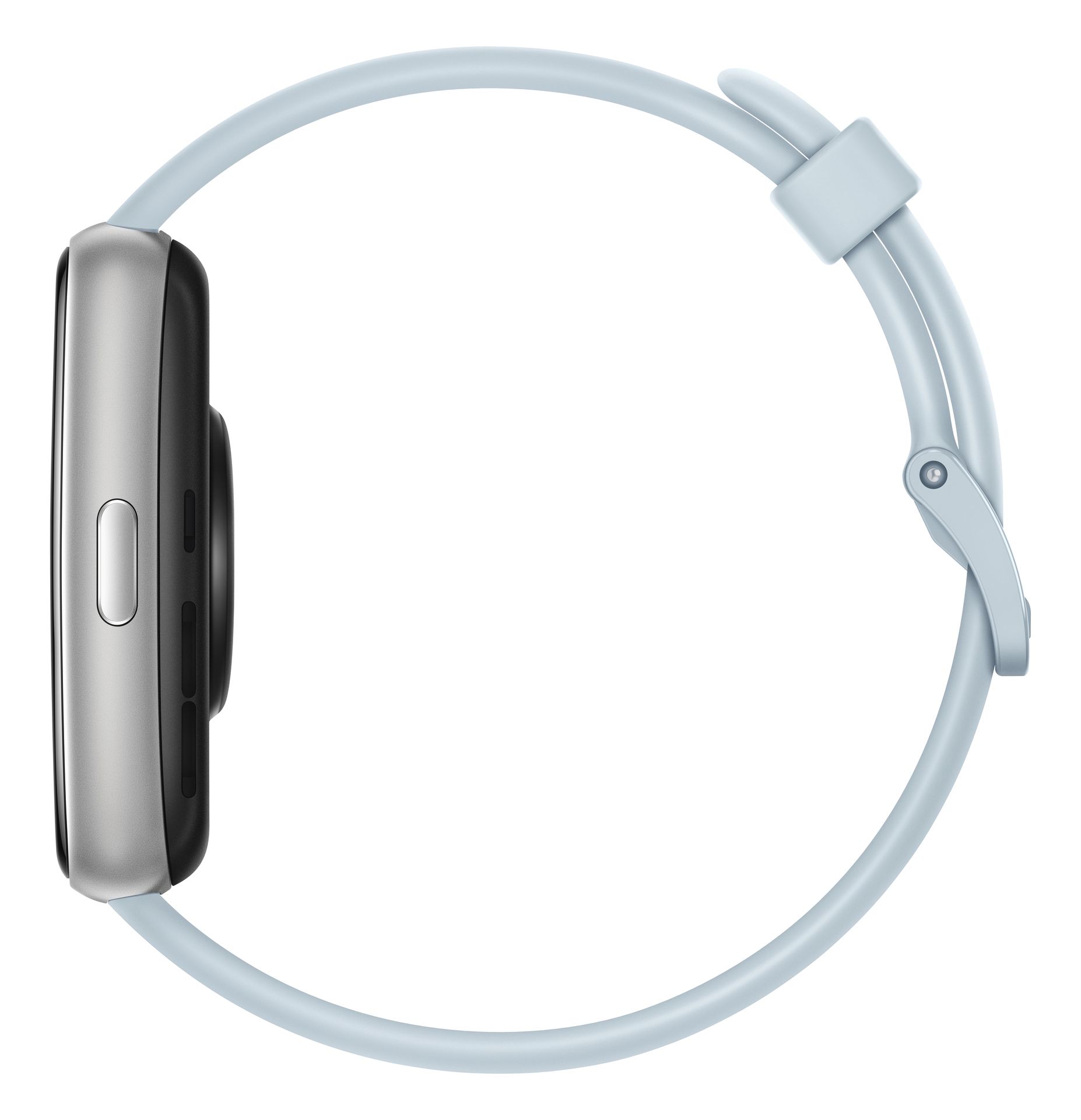 Hellblaue Smartwatch, Seitenansicht. Rechteckiges Gehäuse, silberfarben. Hellblaues Armband. Seitlich ein Knopf.