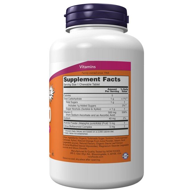Rückseite der Dose Now Foods Chewable C-500, 100 Tabletten. Enthält Nährwertangaben und Inhaltsstoffe.