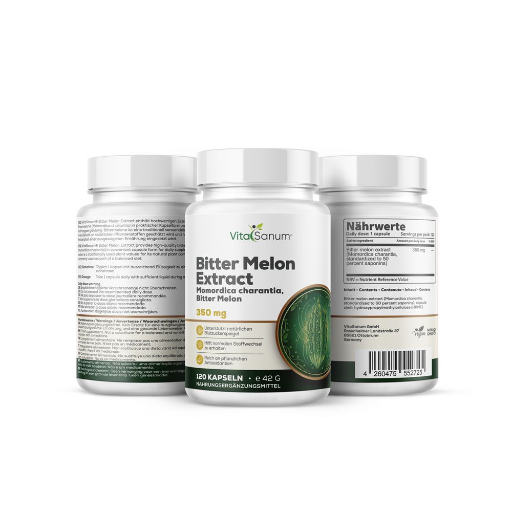 Drei Flaschen Bitter Melon Extract. Aufschrift: VitaSanum, 350 mg, 120 Kapseln. Grün-braunes Etikett mit Bittermelone.