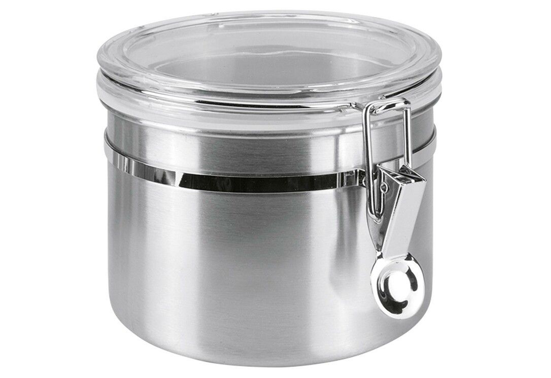 Metallbehälter mit Glasdeckel und Verschluss. Zylindrische Form, silberfarben. Deckel mit Metallbügel.