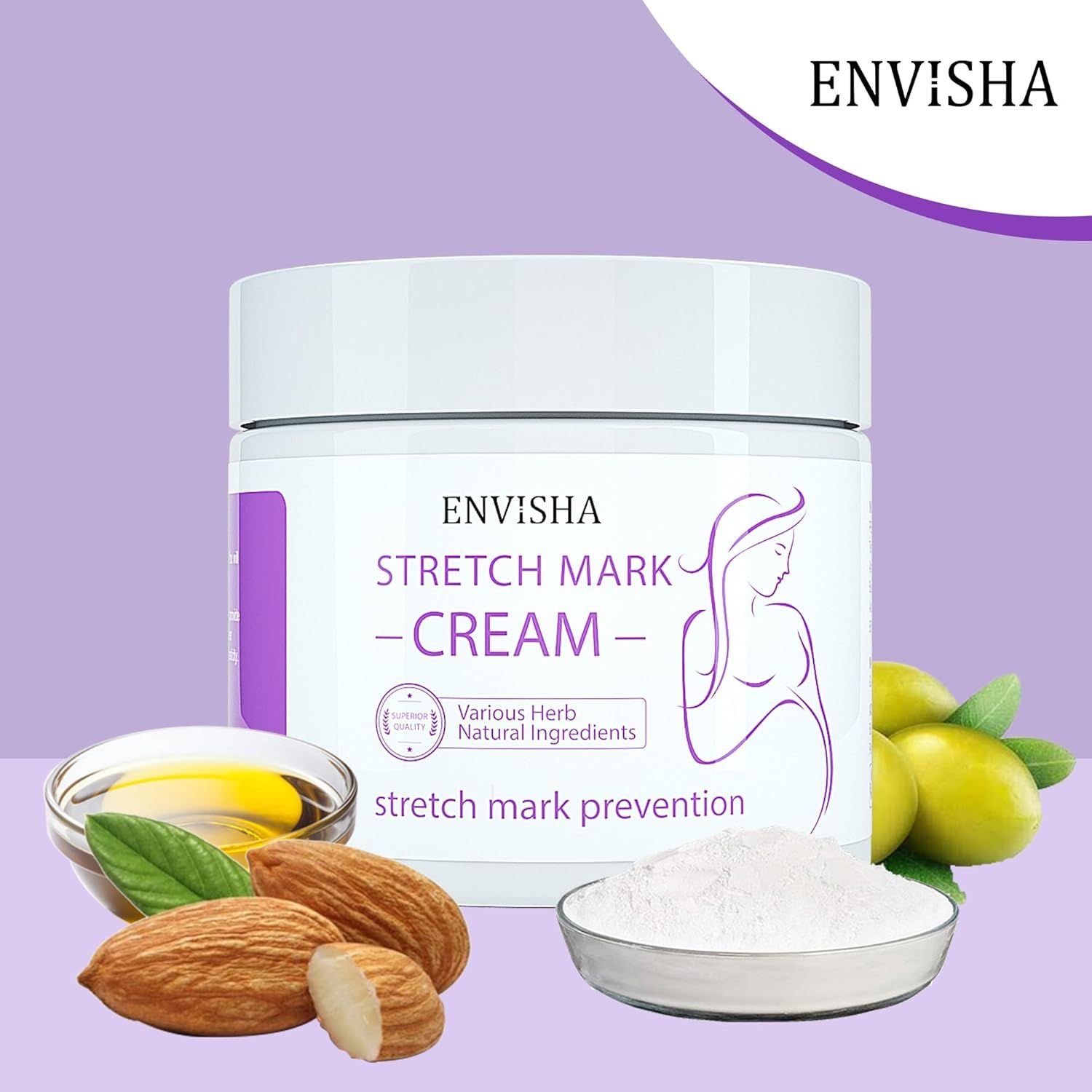 ENVISHA Creme-Dose, Zutaten: Mandeln, Öl, Pulver. Text: ENVISHA, Dehnungsstreifen-Creme, natürliche Inhaltsstoffe.