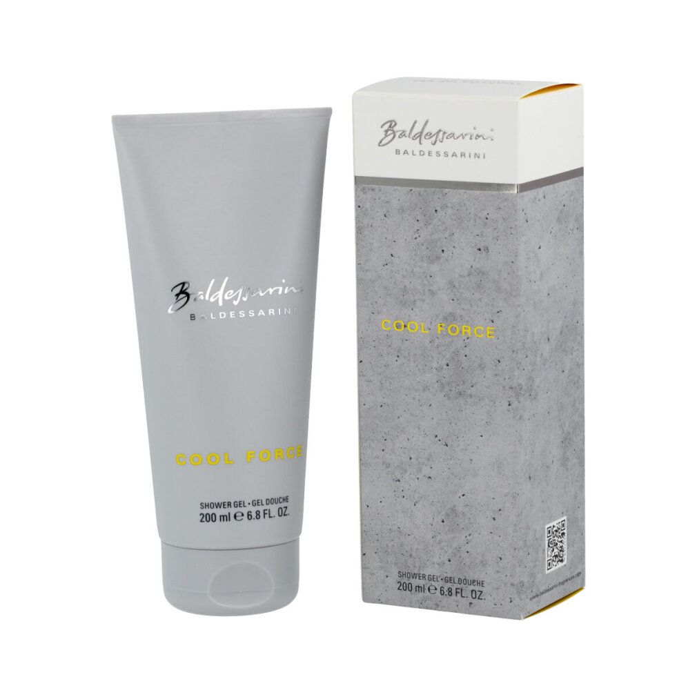 Graue Tube und Verpackung. Schriftzug Baldessarini und Cool Force. Text: Shower Gel, 200 ml.