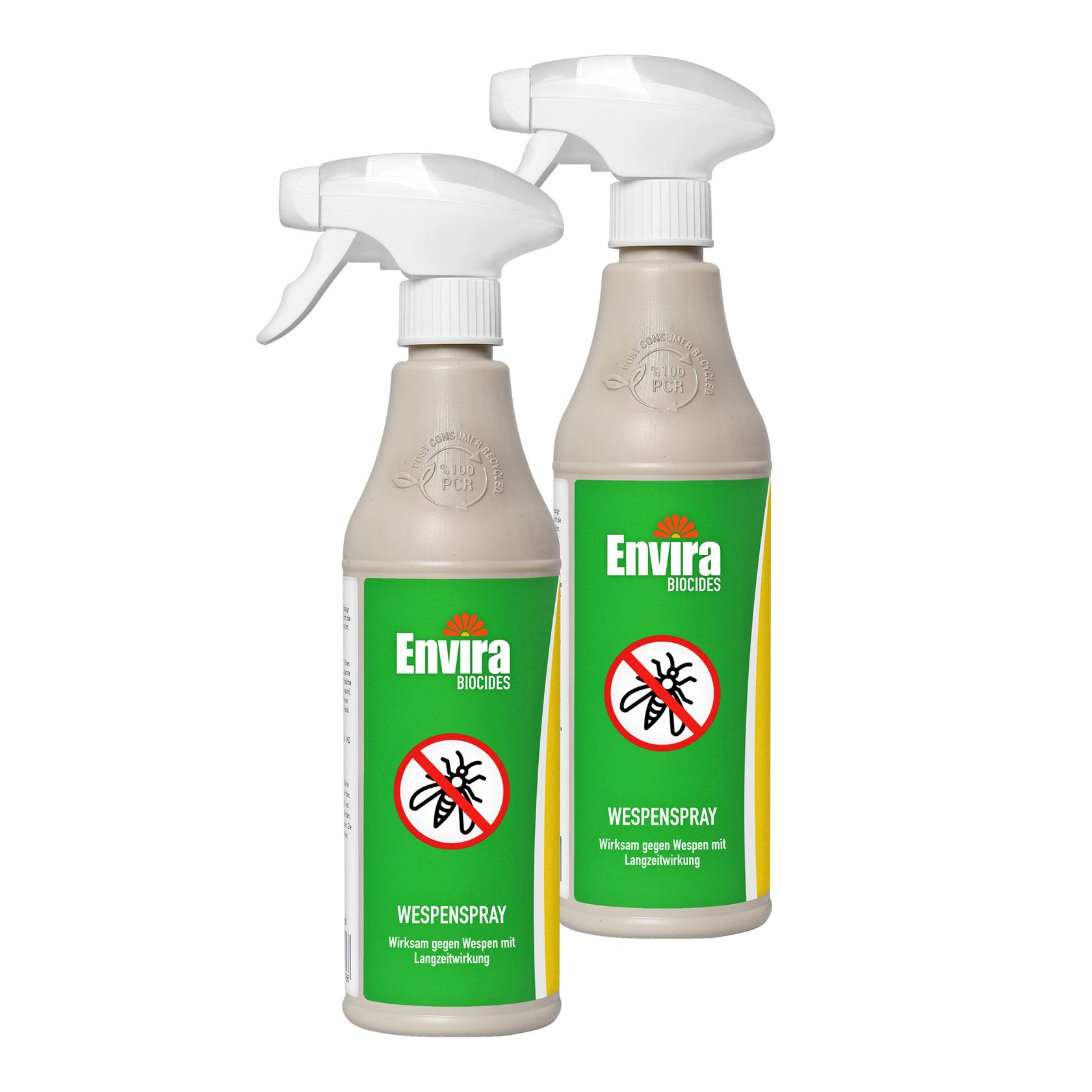 Zwei Sprühflaschen Envira Wespen-Spray. Beige Flaschen mit grünem Etikett, weißem Sprühkopf. Logo und Text: Envira, Wespen-Spray.