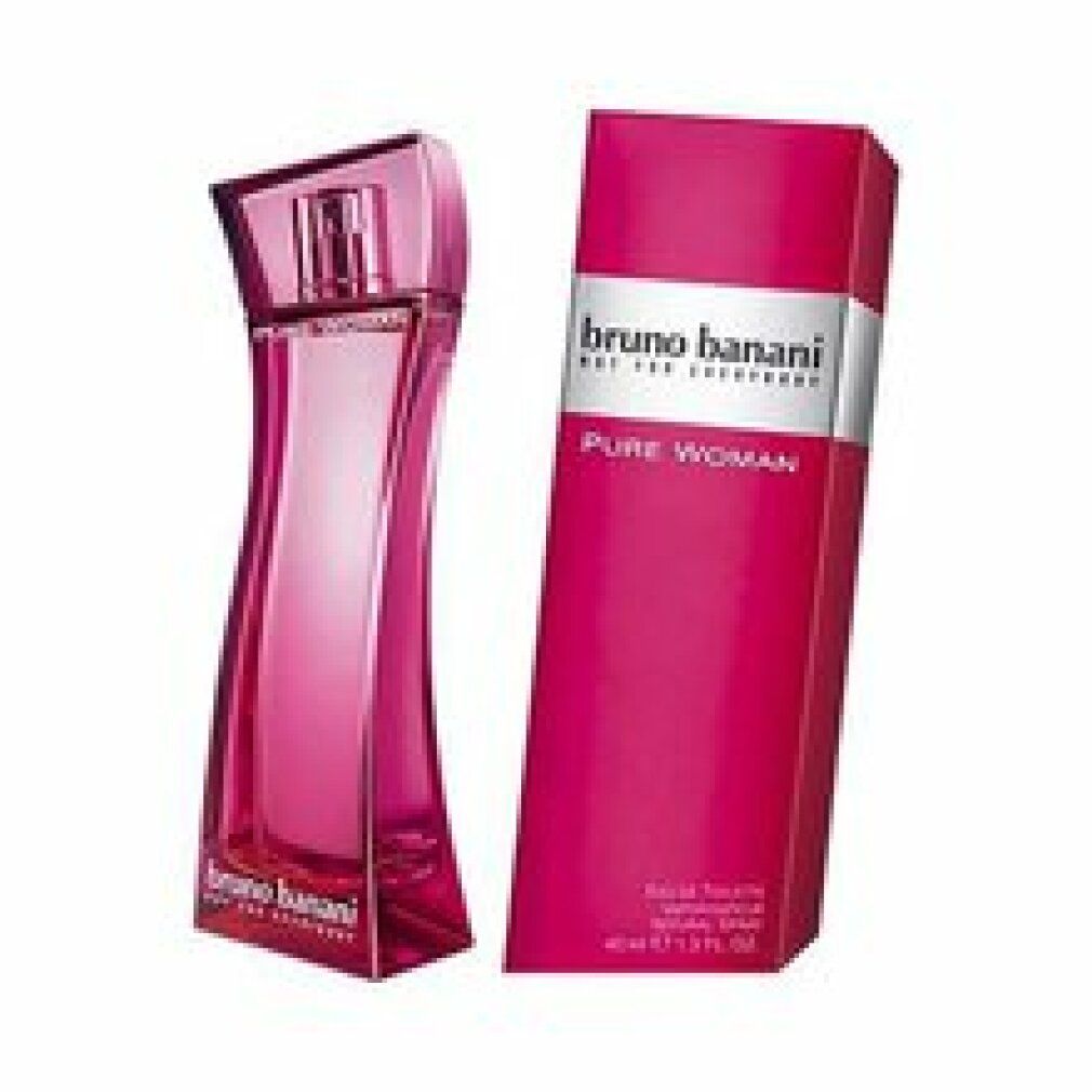 Rosa Flakon und Verpackung. Schriftzug: Bruno Banani, Pure Woman. Eau de Toilette Spray.