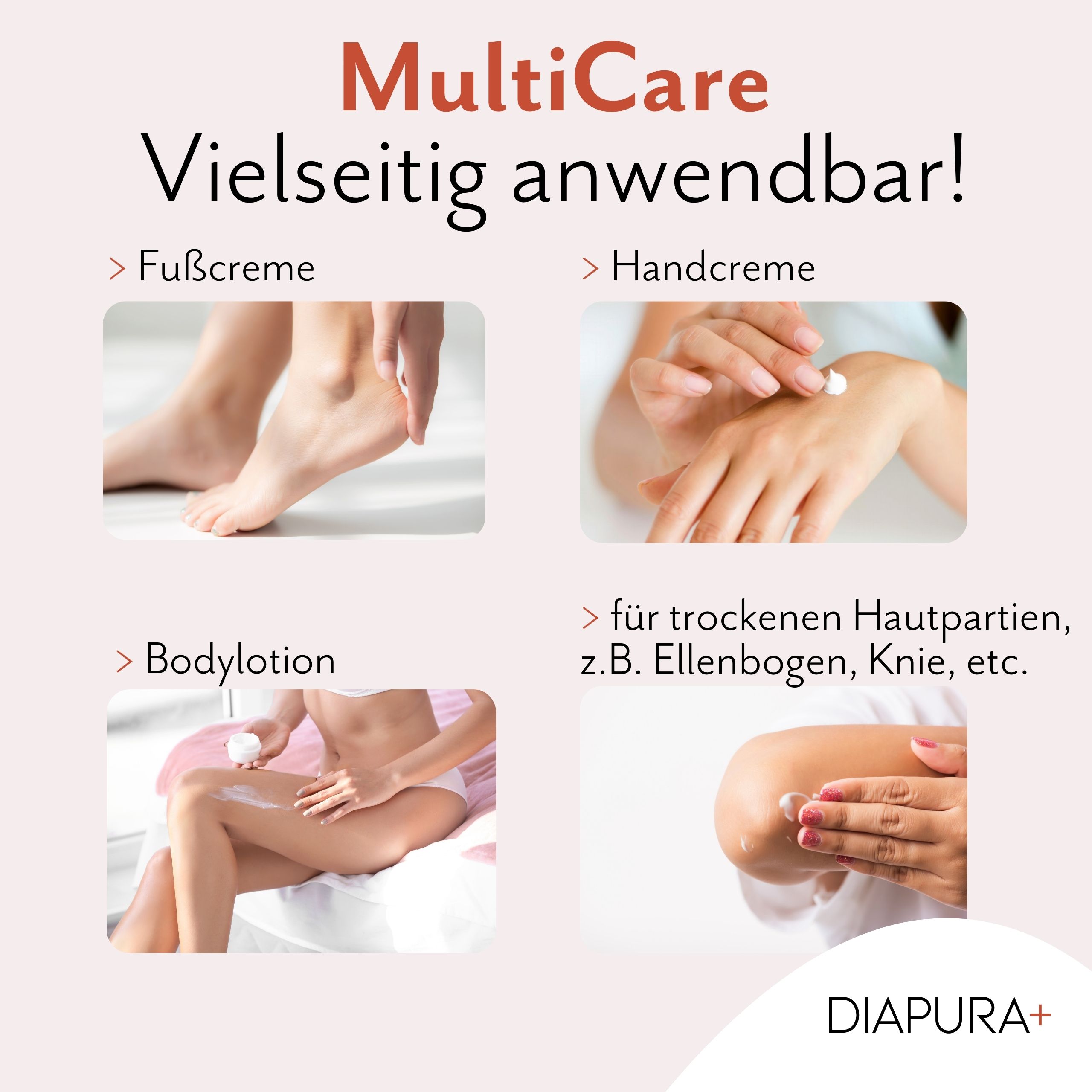 Anwendungsbeispiele: Fußcreme, Handcreme, Bodylotion, für trockene Hautpartien. Logo: DIAPURA+.