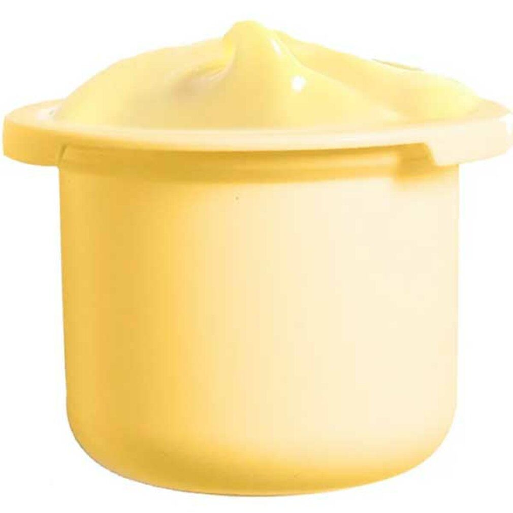 Gelbliche Creme in einem kleinen, runden Behälter. Der Behälter hat einen breiten Rand. Die Creme ist gewölbt.