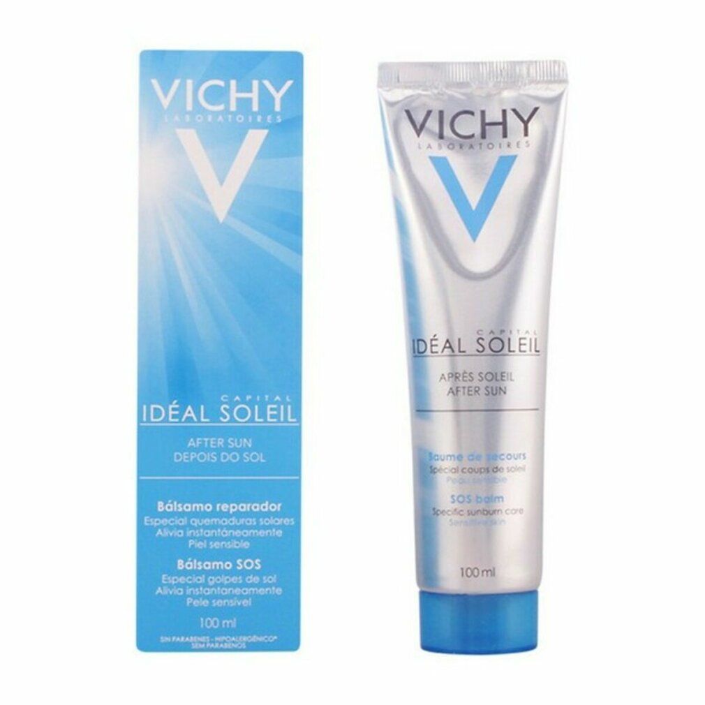 Tube und Schachtel. Tube: VICHY, Idéal Soleil, Après Soleil, SOS balm. Schachtel: VICHY, Idéal Soleil, After Sun, Balsamo SOS. 100ml.