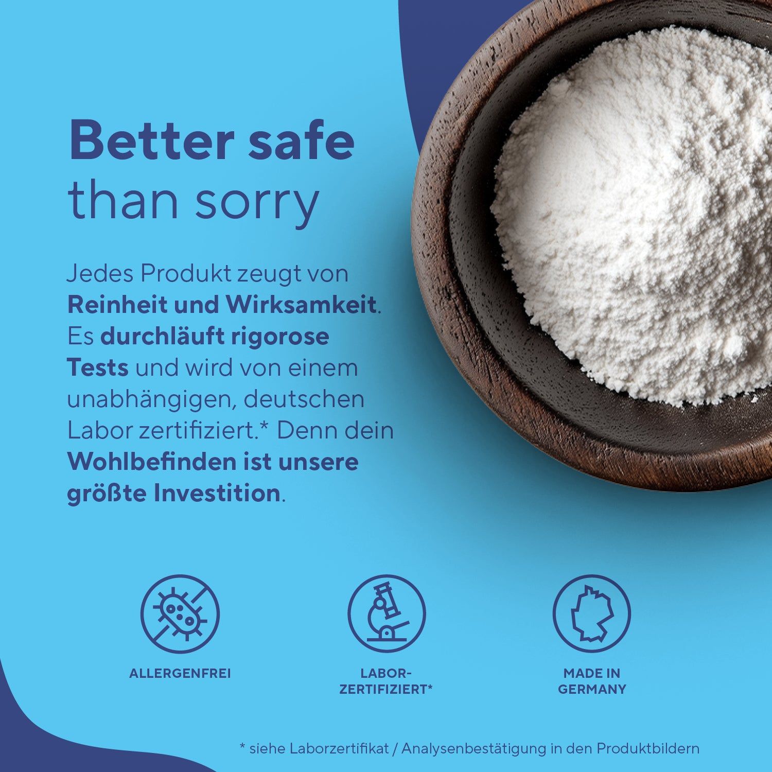 Schale mit weißem Pulver. Symbole für Allergenfrei, Labor-Zertifiziert, Made in Germany.