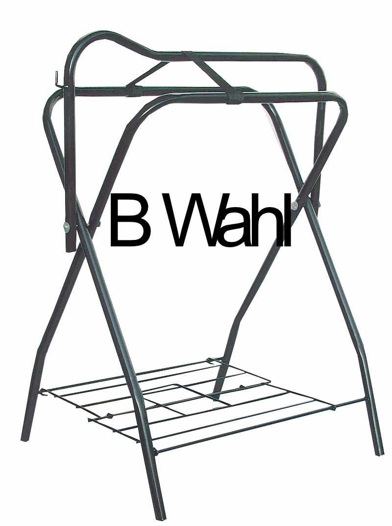 Schwarzer, klappbarer Sattelständer mit Ablage. Text: B Wahl.