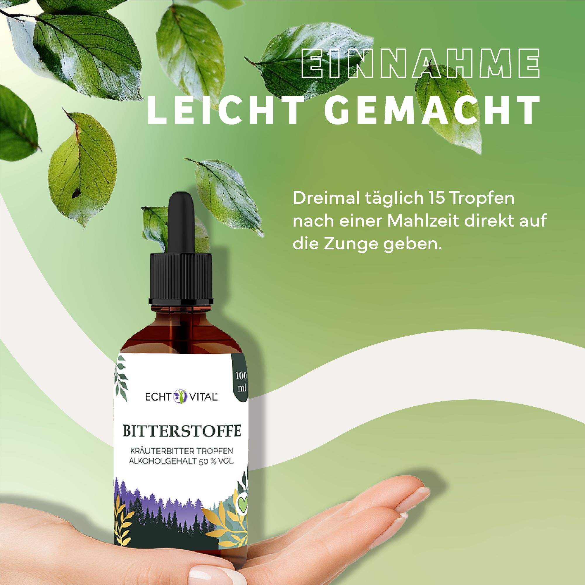 Braune Glasflasche mit Pipette, gehalten von einer Hand. Aufschrift: Echt Vital Bitterstoffe. Text: Kräuterbitter Tropfen, 50% Vol.