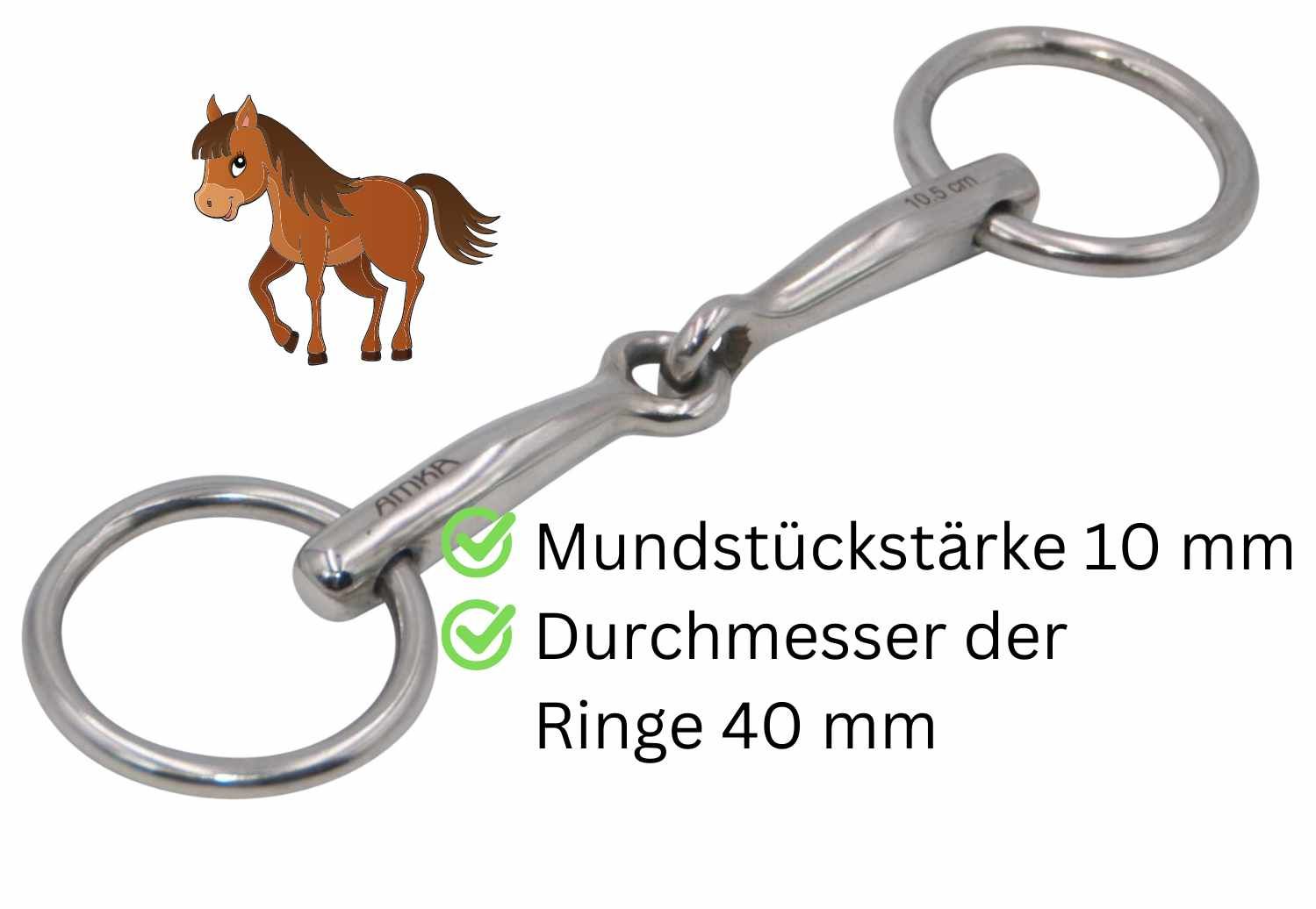 Metall-Trense mit Ringen. Text: Mundstückstärke 10 mm, Durchmesser der Ringe 40 mm. Bild eines Pferdes.