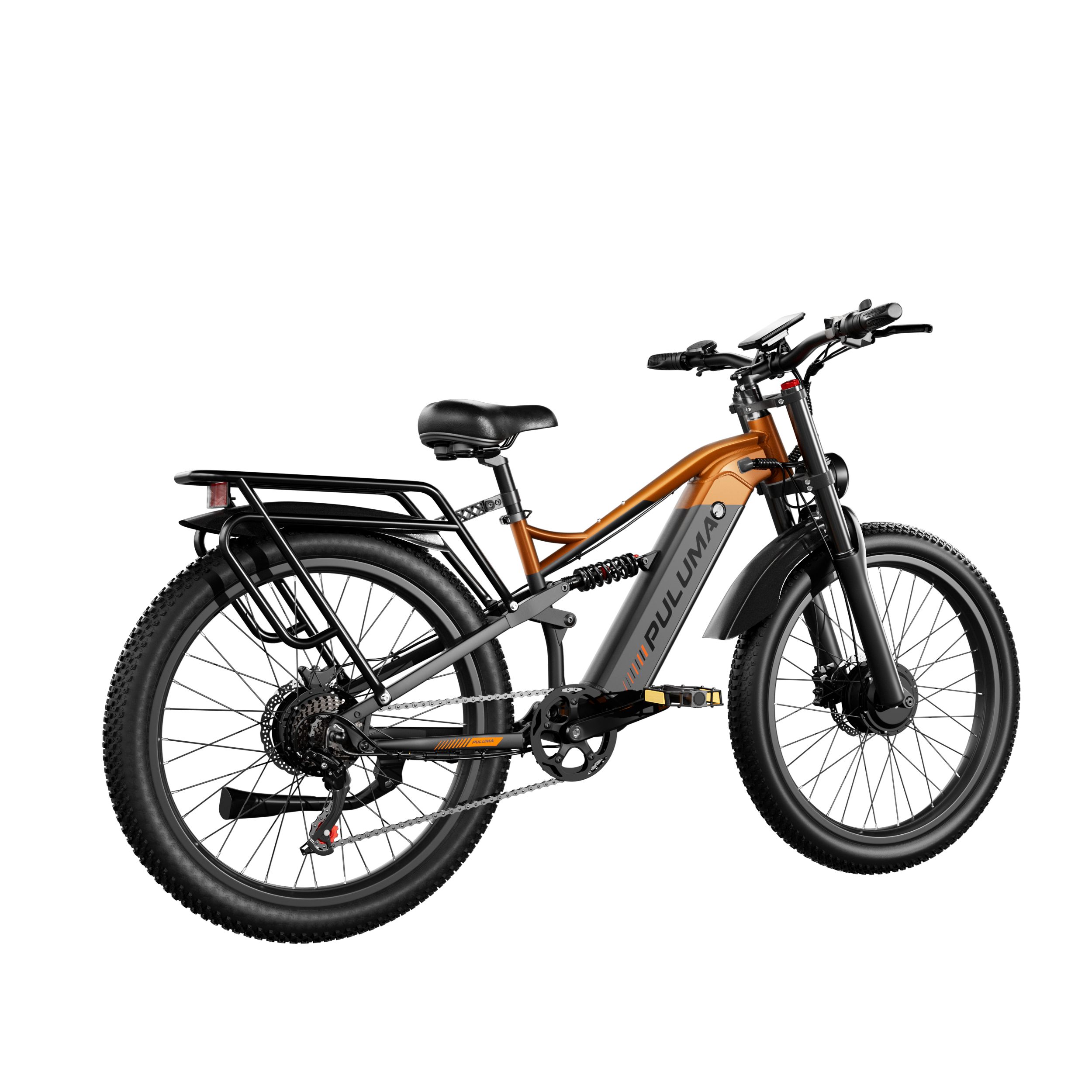 Elektrofahrrad PULUMA PE86 Pro mit Doppelmotor. Orangefarbener Rahmen, schwarze Reifen und Gepäckträger. Seitenansicht.