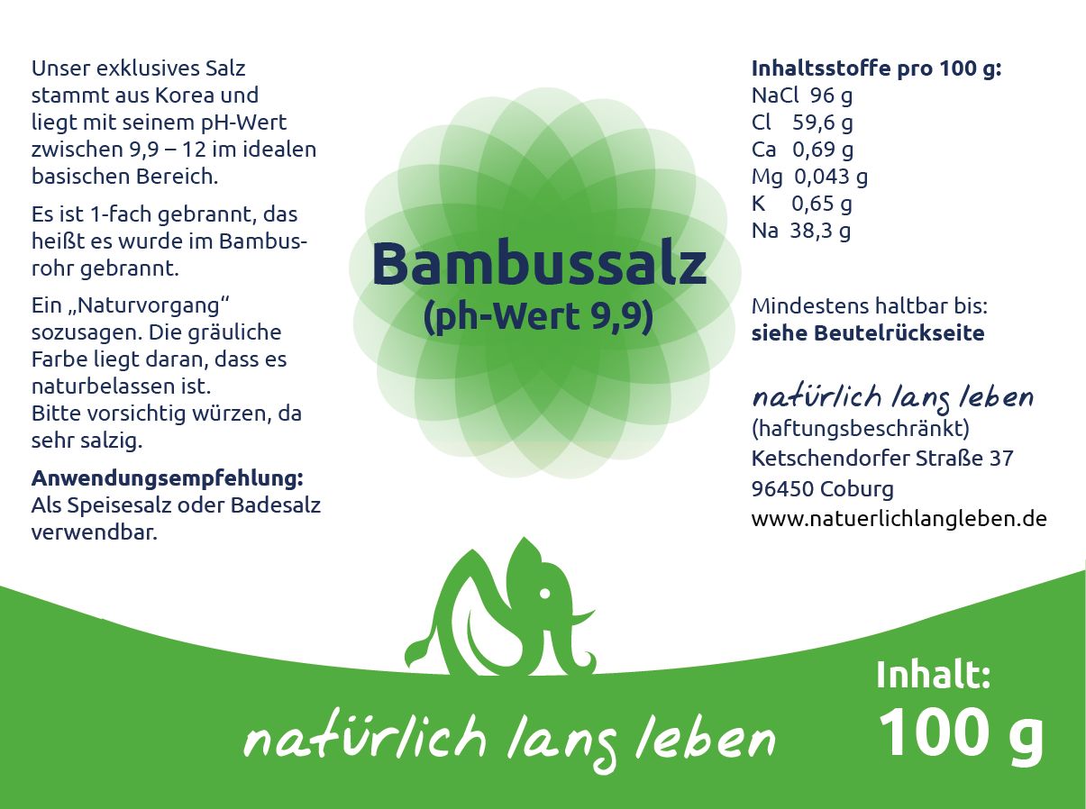 Rückseite einer Bambussalz-Verpackung mit Nährwertangaben und Herstellerinformationen.