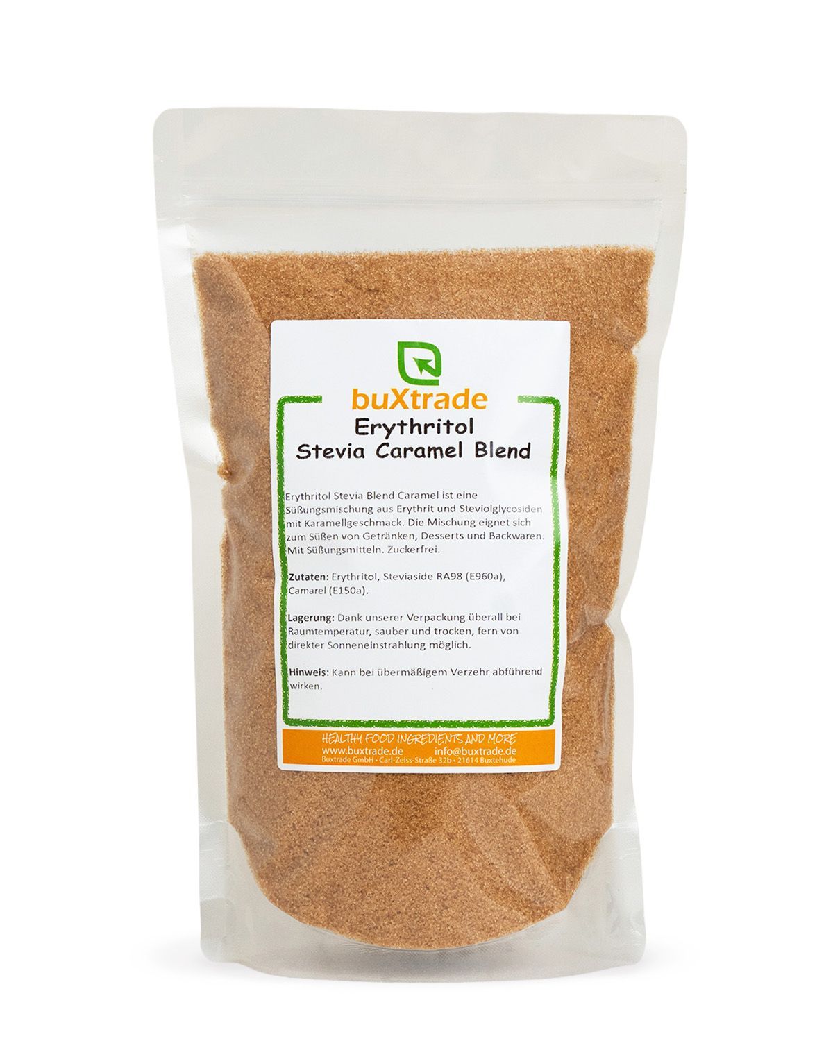 Pouch mit buxtrade Erythritol Stevia Caramel Blend Süßstoffmischung.