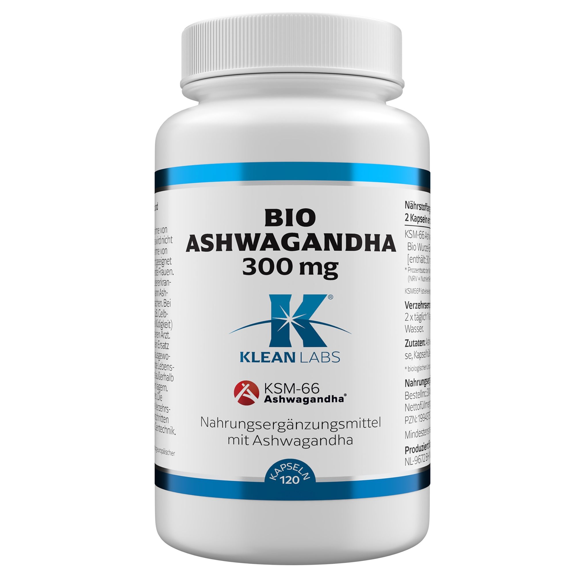 Weiße Flasche mit blauem Streifen. Aufschrift: BIO Ashwagandha 300 mg, Klean Labs. 120 Kapseln.