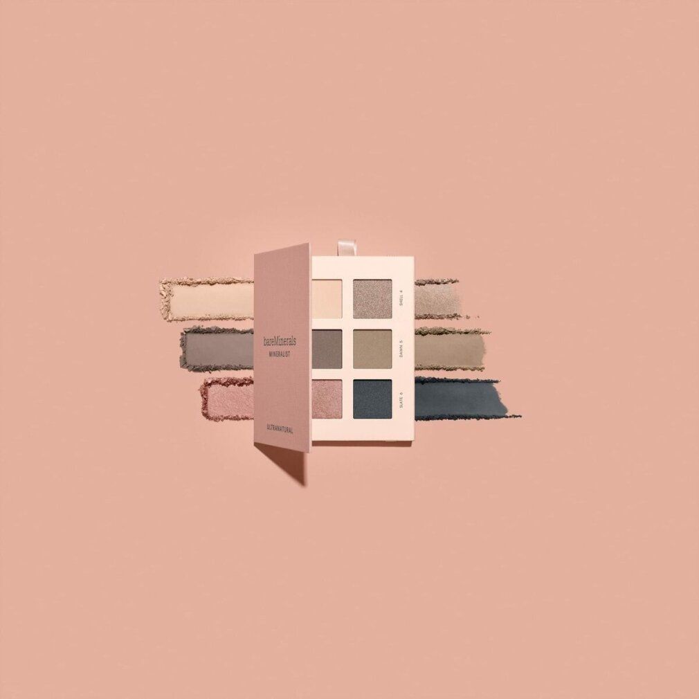Geöffnete Lidschatten-Palette mit sechs Farbtönen. Rosa Verpackung mit Produktnamen und Farbbezeichnungen. 