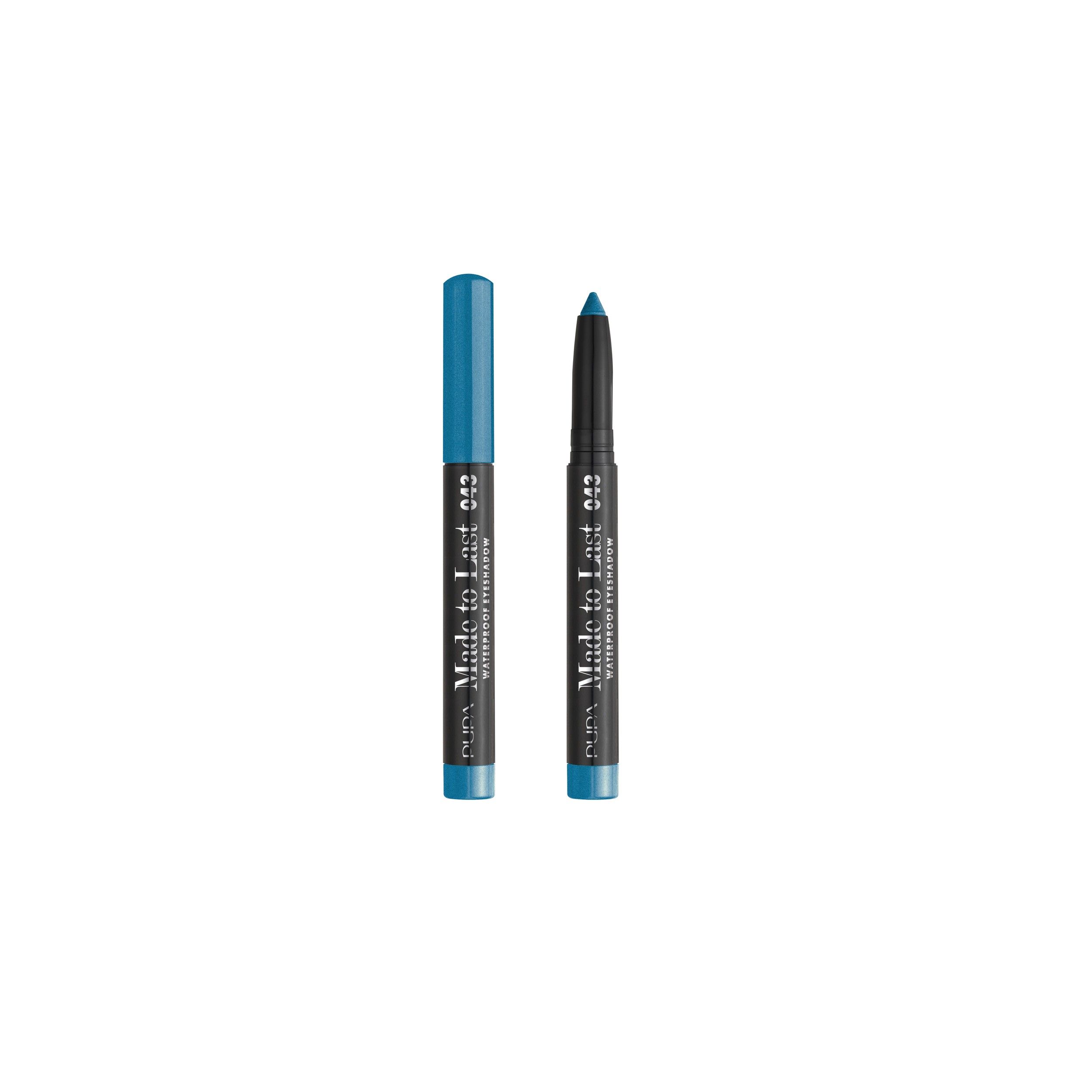 Zwei blaue Lidschattenstifte, einer geschlossen, einer geöffnet. "Pupa Made to Last Waterproof Eyeshadow 012" ist auf beiden sichtbar.
