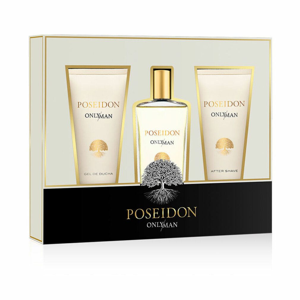 Geschenkset mit Parfüm, Duschgel und After Shave. Verpackung mit goldfarbenen Akzenten. Produktnamen: Poseidon Only Man.