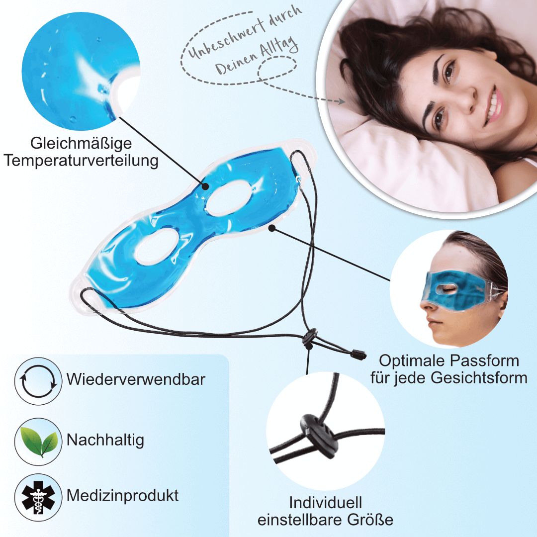 Blaue Augenmaske mit verstellbarem Band. Wiederverwendbar, nachhaltig, Medizinprodukt. Optimale Passform.