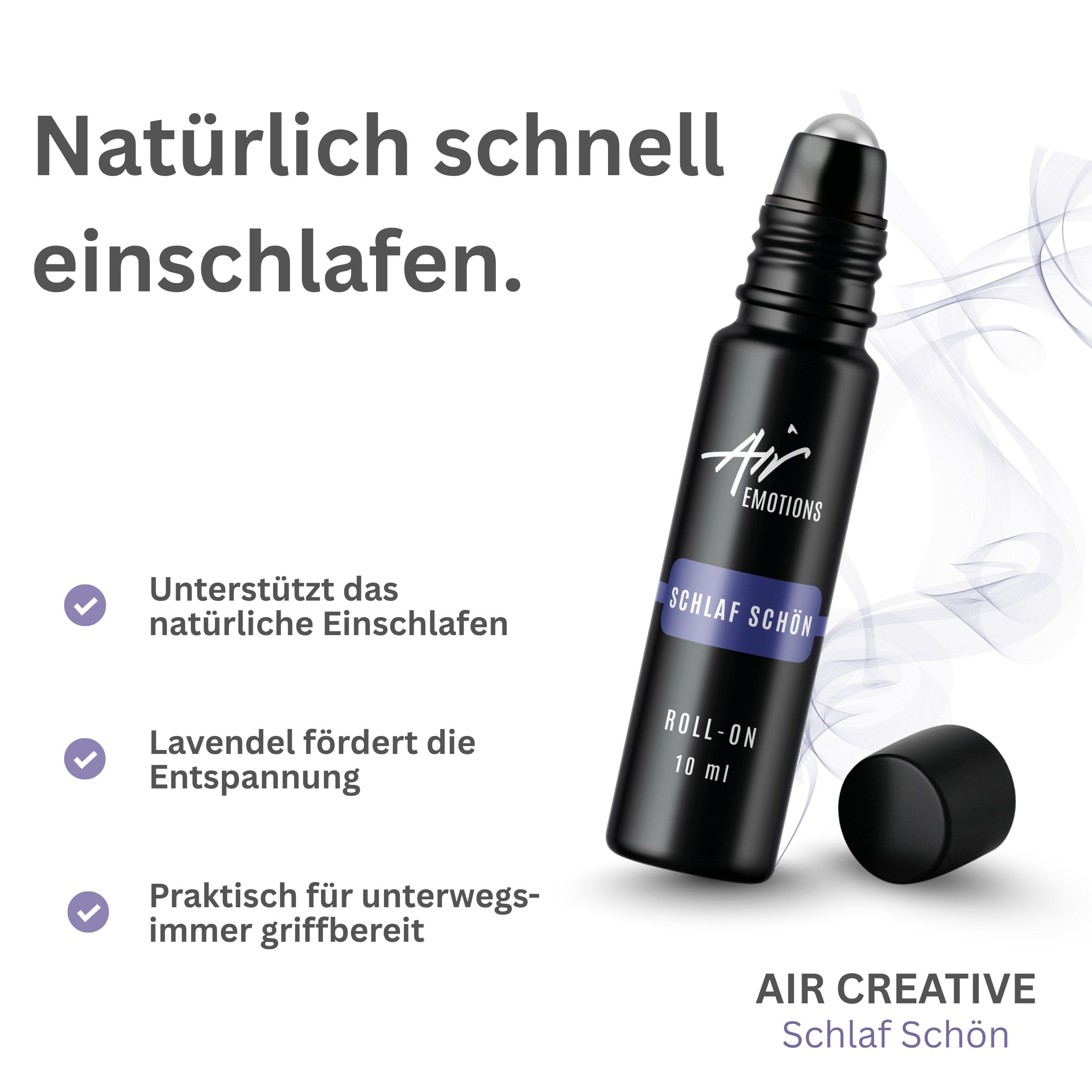 Schwarze Roll-On-Flasche mit "Schlaf schön" Aufschrift. Deckel daneben. Text: Natürlich schnell einschlafen.