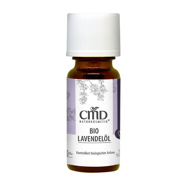 Braune Glasflasche mit weißem Deckel. Etikett mit "CMD Naturkosmetik Bio Lavendelöl".