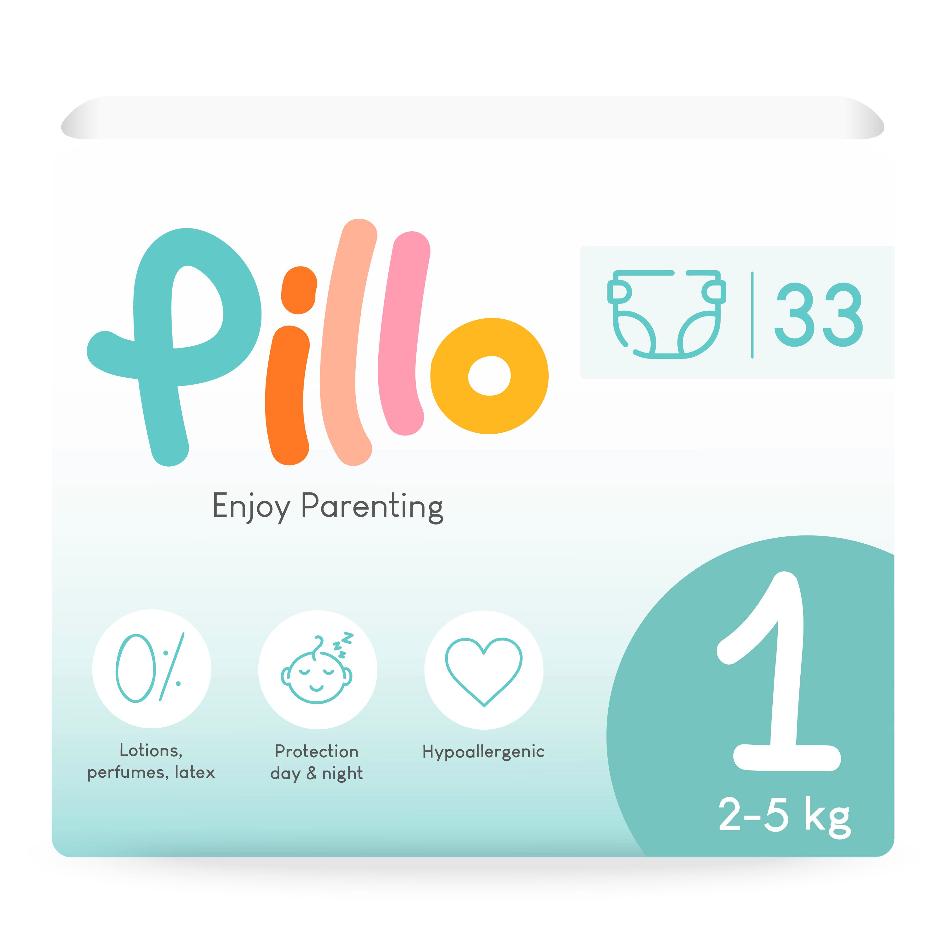 Pillo Windeln, Größe 1, 2-5 kg, Packung. Aufdrucke: 0% Lotionen, Parfums, Latex, Tag- und Nachtschutz, hypoallergen. 33 Stück.